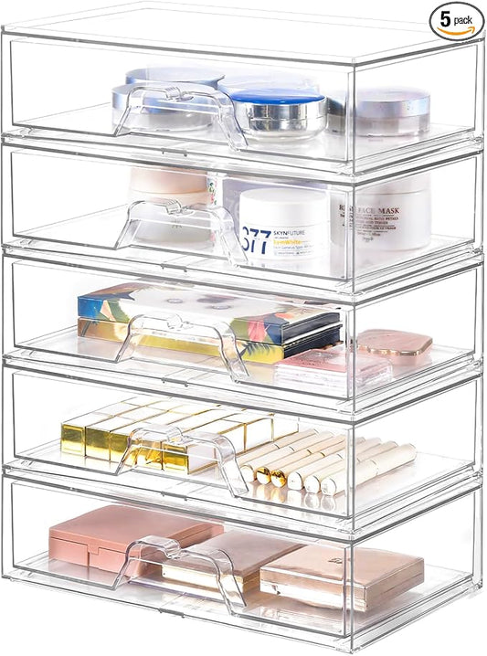 5 Pack Makeup Organizer Stackable, 12.1''L Bathroom Organizer and Storage Acrylic Undersink Drawer Organizer, Cosmetics and Beauty Supplies,Clear Plastic Storage Bins for Vanity,Pantry,Cabinet,Kitchen by Stebopum