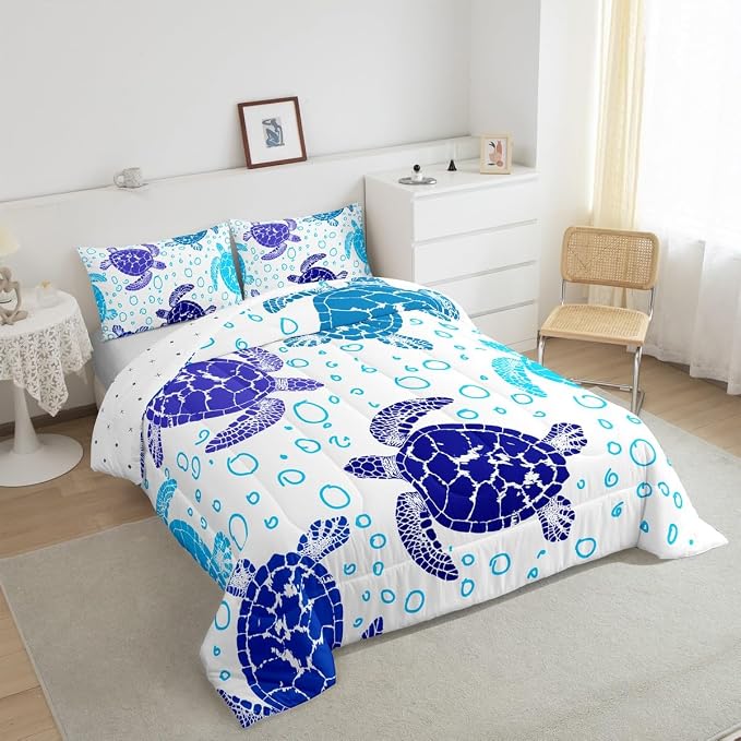 Erosebridal Sea Turtle Down Comforter Queen Size, Kids Bohemian Tortoise Comforter Set, Ocean Life Blue Sea Duvet Insert Underwater Word Bedding Comforters for Children Boys Girls Teens Bedroom - Image 6