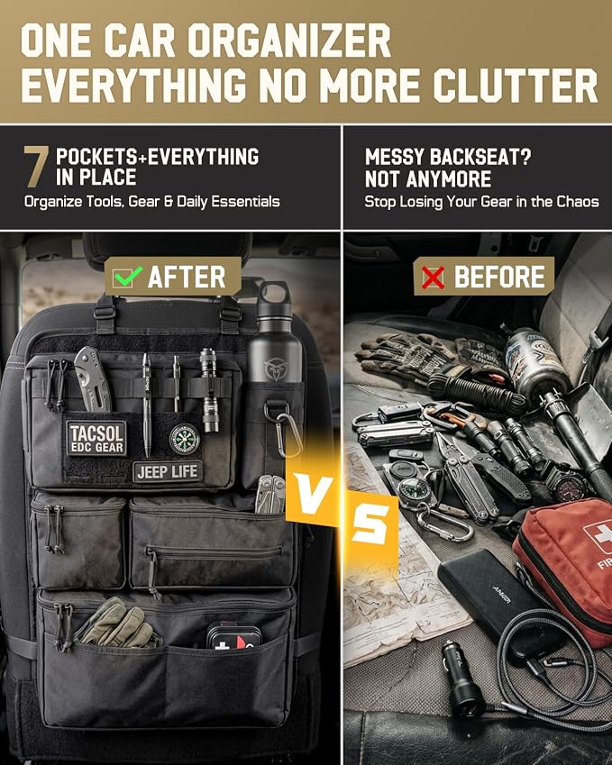 All in One Car Seat Back Organizer Fit Most Cars SUV Trucks Jeeps | Heavy Duty Molle Panel Seat Back Protector with Multi-Pockets Storage, for Tools, Toys, Camping, Travel, Daily Commuting - Image 4