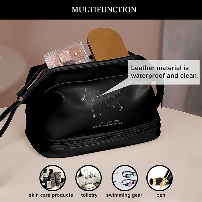 Abiudeng Large Capacity Makeup Bag Ladies Cosmetic Bag Travel Bag with Compartments Portable PU Leather Travel Makeup Bag with Handle - Image 7