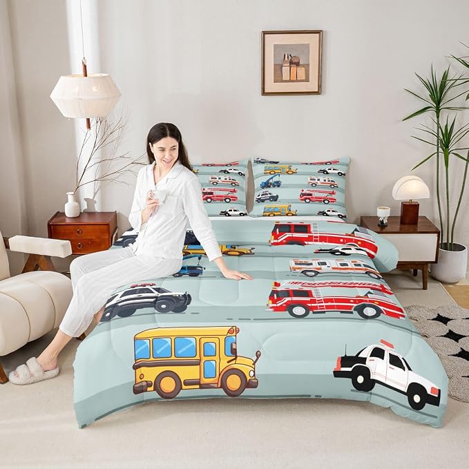 Erosebridal Fire Truck Comforter Set,Police Car Down Comforter King Size,School Bus Bedding Set for Kids Boys Teens Youth,Equipped Truck Cartoon Vehicle Quilt Duvet Insert Bedroom Dorm Decor 3 Pcs - Image 3