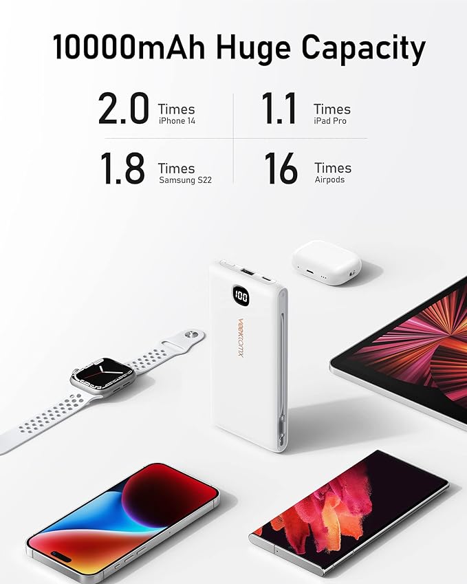 VEEKTOMX Portable Charger with Built in Cables 10000mAh, Power Bank for iPhone with AC Wall Plug, Fast Charging USB C Slim Battery Pack with LED Display Compatible with iPhone 17/16/15/14, Samsung