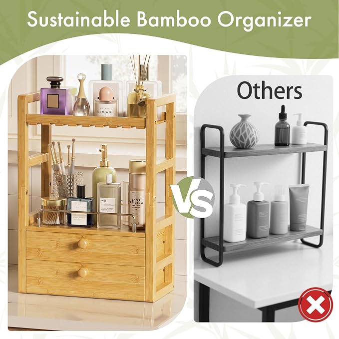 AmazerBath Bamboo Bathroom Countertop Organizer, 2-Tier Makeup Organizer with 2 Drawers, Vanity Organizer Storage Coffee Matcha Station, Compact Shelf for Bathroom Kitchen Office - Image 6