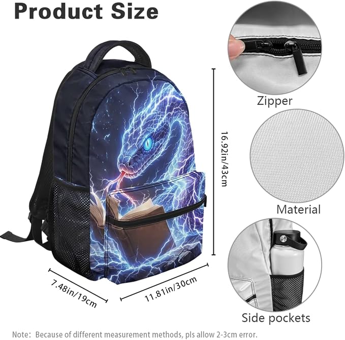 Cool Lightning Snake Print Backpack Set for Kids 4-Piece Animal Pattern School Bag with Lunch Box for Boys Elementary Back to School Supplies Ages 5-12 - Image 4