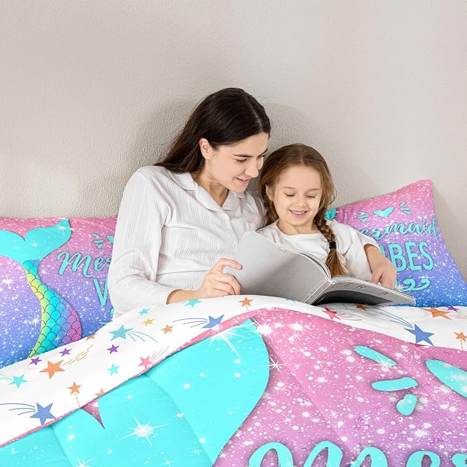 Girls Mermaid Tail Comforter Set Queen Kawaii Coastal Fish Scales Bedding Set Glitter Star Galaxy Comforter Blue Pink Pastel Ombre Set Princess Bed Set Ocean Animal Quilt Duvet 2 Pillowcases Teal - Image 5