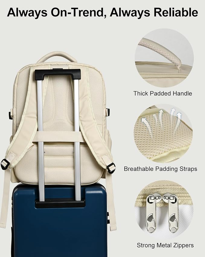 Travel Backpack for Women & Men, Carry On Personal Item Bag Flight Approved, Large Waterproof Laptop Backpack for Travel, Overnight, College & Commuting Beige - Image 9