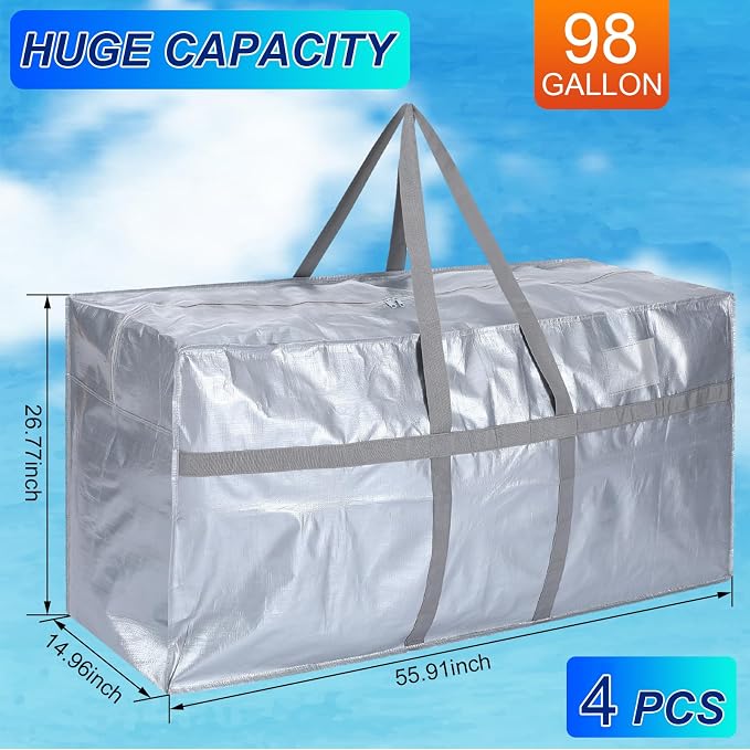 Windyun 4 Pack 98 Gallon Extra Large Moving Bags XXL Heavy Duty Storage Bag with Strong Zipper Handle Jumbo Big Tote Box Foldable for College Dorm Travel Clothes Duffle Blanket Pillow(Silver) - Image 2