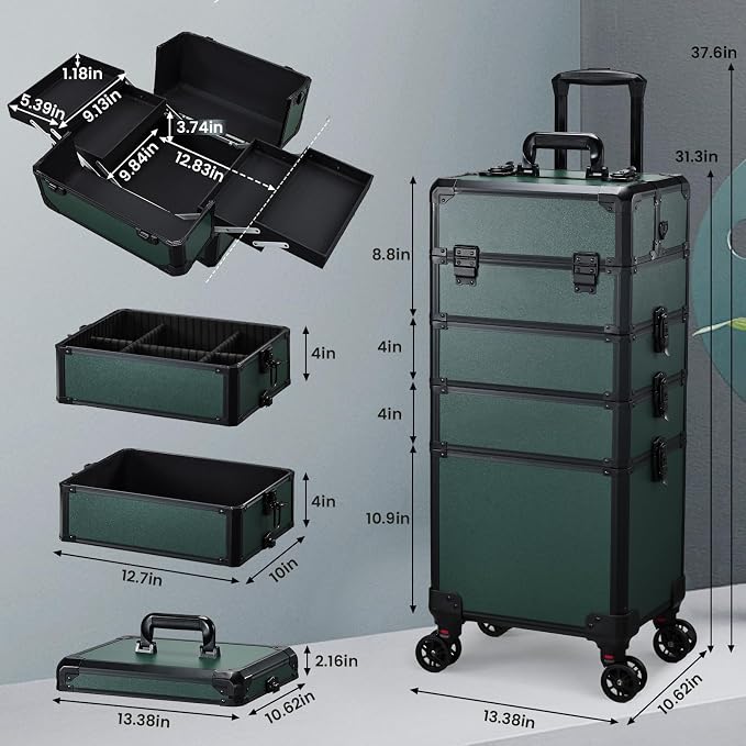 Rolling Makeup Case Makeup Train Case with Lid 5 in 1 Cosmetology Case on Wheels Cosmetic Trolley Organizer Large Makeup Organizers Case Profesional Cosmetic Case for Salon Barber Nail, Dark Green - Image 5