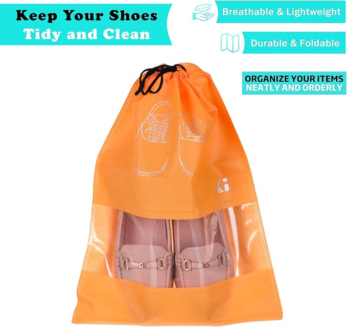 Kuber Industries Pack of 8 Shoe Bags | Shoe Bags for Travel | Non-Woven Shoe Storage Bags | Storage Organizers Set | Shoe Cover with Transparent Window | Shoe Dori Cover | Orange - Image 2