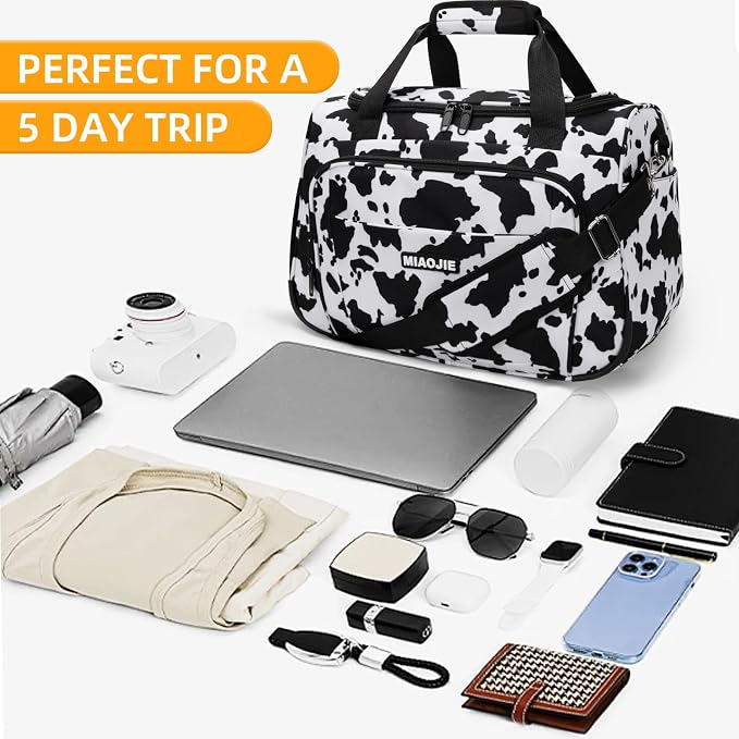Underseat Carry On Luggage Lightweight Travel Tote Weekender Bag Overnight Duffle Bag for Travel, Travel Essentials Personal Item Travel Bag for Women and Men, Cow Pattern-16Inch - Image 5