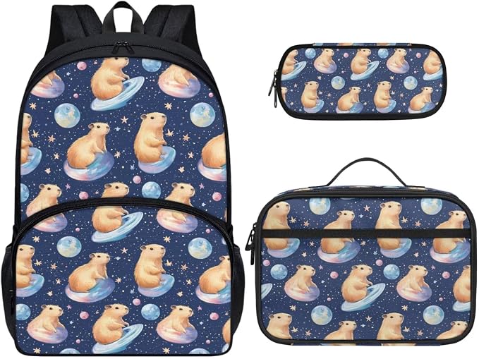 Capybara Backpack and Lunchbox Cute School Bag with Lunch Bag Pencil Case 17 Inch Large Capacity Solar System Planet Bookbag for 3rd Grade Girls Lunch Box Set, 3 Piece by Dremagia