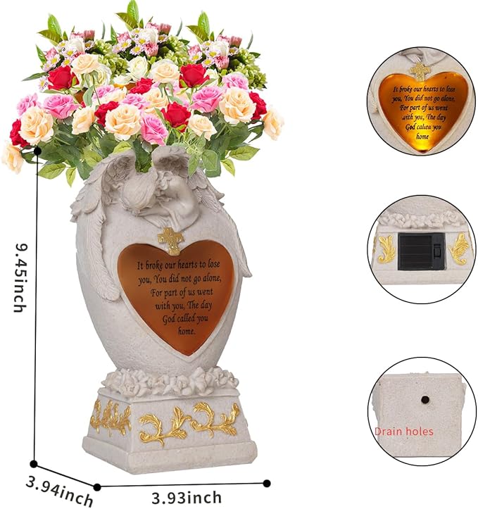Cemetery Decorations for Grave, Garden Angel, Solar Lights, Family Memorial Statue, Funeral Gift, LED Vase, Crying Angel (Beige)