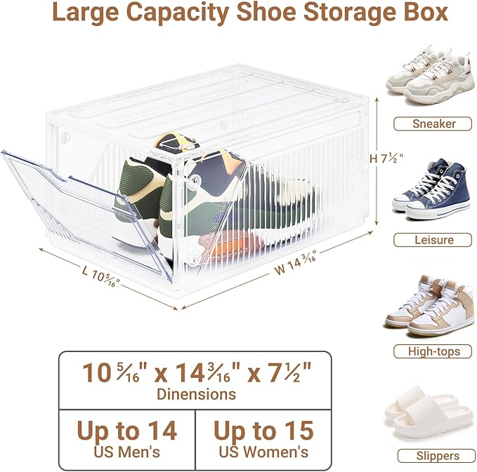 XX-Large Shoe Sneaker Storage Boxes for Size 14, Stackable & Thicken Clear Plastic Shoe Organizers 16 Packs for Entryway Closet Under Bed, Shoe Storage Cabinets Container Display Case w/ Magnetic Door - Image 2