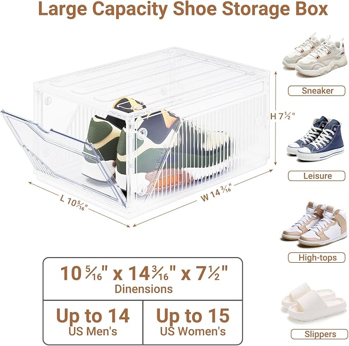 XX-Large Shoe Sneaker Storage Boxes for Size 14, Stackable & Thicken Clear Plastic Shoe Organizers 8 Packs for Entryway Closet Under Bed, Shoe Storage Cabinets Container Display Case w/ Magnetic Door - Image 2