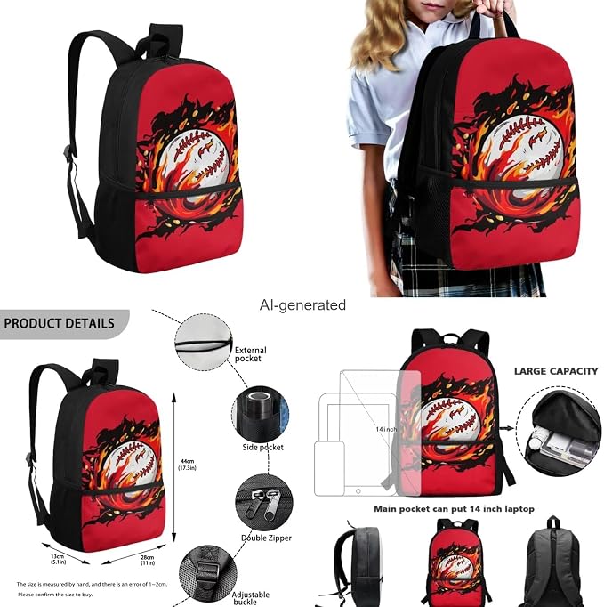 Fire Baseball Backpack for School Boys Backpack with Lunch Box Water Bottle Bag and Soft Pencil Case 4PCS Set Lightweight Bookbag with Front Pocket 17 inch Large Capacity Elementary School Bag - Image 3