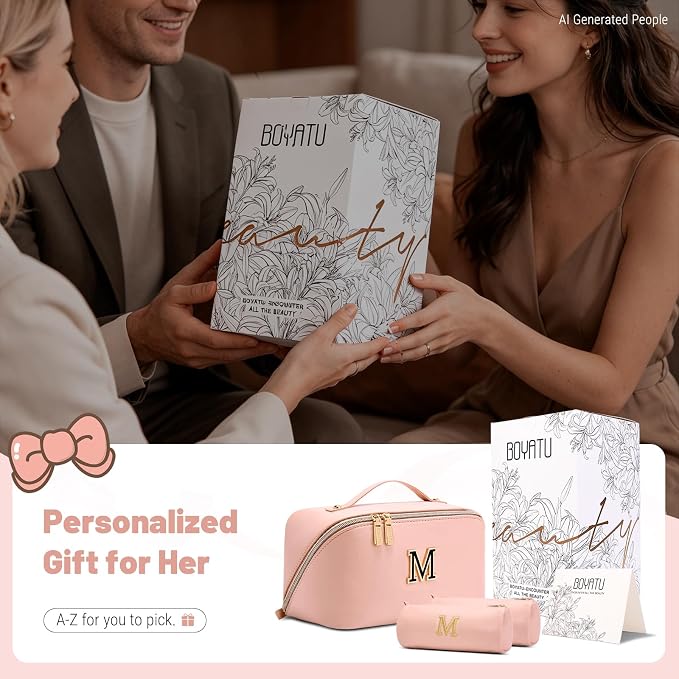 BOYATU Personalized Travel Makeup Bag: 3-in-1 Cosmetic Bag Gift for Women | Initial Make up Bag Organizer - Custom Letters A-Z - Flat Open Portable Toiletry Bag for Birthday Graduation Anniversary - Image 2