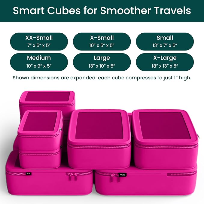 NOBL Travel Compressible Packing Cubes Set, 6 Pieces Travel Packing Organizers, Compression Luggage Cubes for Suitcases & Carry On, Space Saving (XXS, XS, S, M, L, XL) - Hot Pink - Image 2