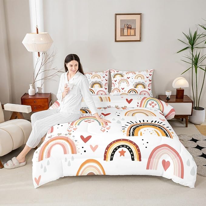 Rainbow Comforter Set King For Girls, Red Love Heart Kawaii Bedding Set Bohemian Exotic Quilt Hand Drawn Iridescent Down Comforter For Kids Boys Children Teens Women Bedroom Decor, Colorful - Image 2