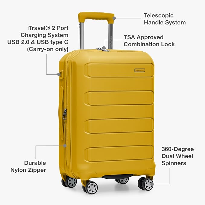 Traveler's Choice Pagosa Hardshell Expandable Luggage with Spinner Wheels, Yellow, 22-Inch Carry-on - Image 7