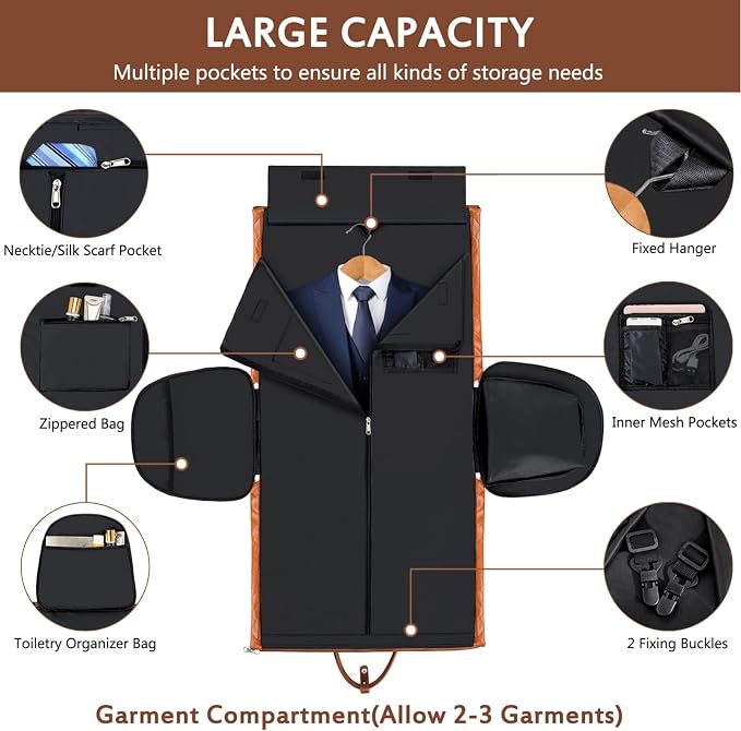 Garment Bag for Travel, Convertible Carry on Garment Duffel Bag for Men 3Pcs Weekender Bag 2 in 1 Hanging Suitcase Suit Bag - Image 5