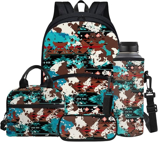 Kids School Bag Aztec Cow Western Backpack for Boys with Lunch Box Cooler Water Bottle Sleeve Cover Small Portable Pencil Pen Case Back to School Supplies by Glomenade