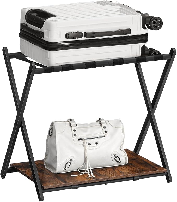HOOBRO Folding Luggage Rack, Suitcase Stand Holder with Wooden Storage Shelf, Holds up to 110 lb, 27.2 x 15.7 x 24 Inches, for Guest Room, Bedroom, Closet, Hotel, Rustic Brown and Black BF68XL01G1 - Image 9