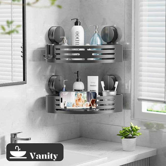 Suction Cup Shower Caddy,No Drilling Corner Shower Shelves Heavy Duty,Shower Organizer with Hooks,Rustproof Waterproof Space Aluminum Bathroom Storage,Home Accessories Decor - Image 6