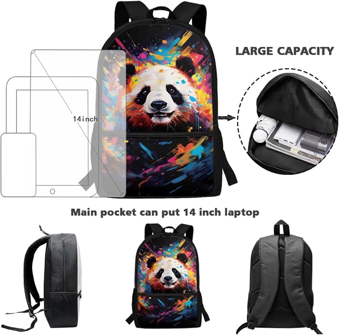 Splatter Oil Panda Print Backpack Set Large Capacity Bookbag Lunch Box Pencil Case College Book Bag with Zipper Pockets 17 Inch Travel Bag Student Rucksack Daypack - Image 3