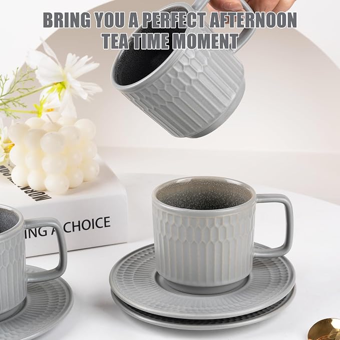 8oz Cappuccino Cups with Saucers Set of 4, 8 Ounce Stackable Embossed Ceramic Coffee Mugs for Specialty Coffee Drinks, Latte Mugs, Cafe Mocha and Tea, Dishwasher & Microwave Safe (Grey) - Image 5