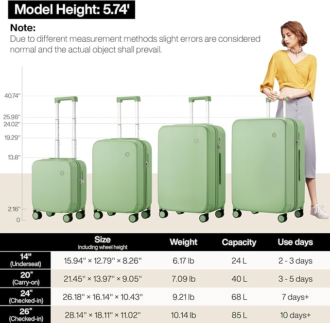 mixi Upgrade Carry on Luggage Suitcases with Spinner Wheels, Hardside Rolling Suitcase PC with TSA Lock Lightweight Travel Case 20in Carry-On, Fine Grid Avocado Green - Image 6