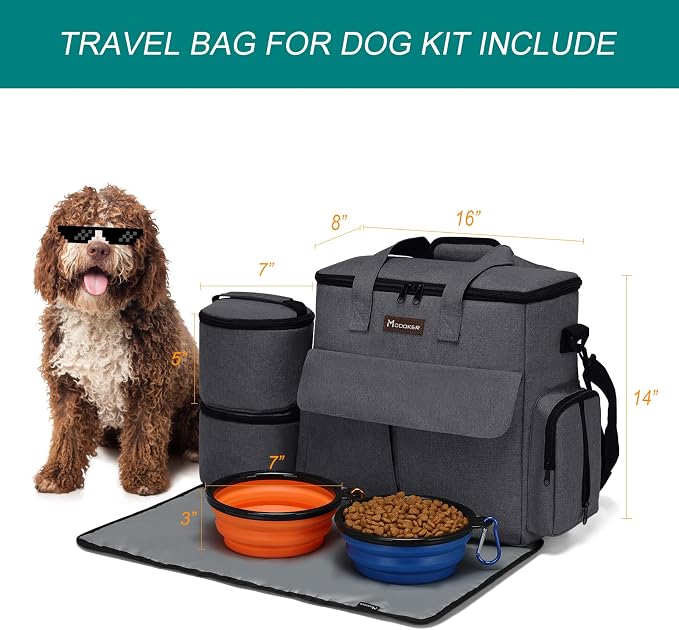 MoModoker Dog Travel Bag with 2 Food Bags, 2 Bowls and Mat(Dark Gray) | Roomy Main Compartment | Multiple Functional Pockets | Water-Resistant Oxford Fabric | PVC Backing | Leak-Resistant Lining - Image 4