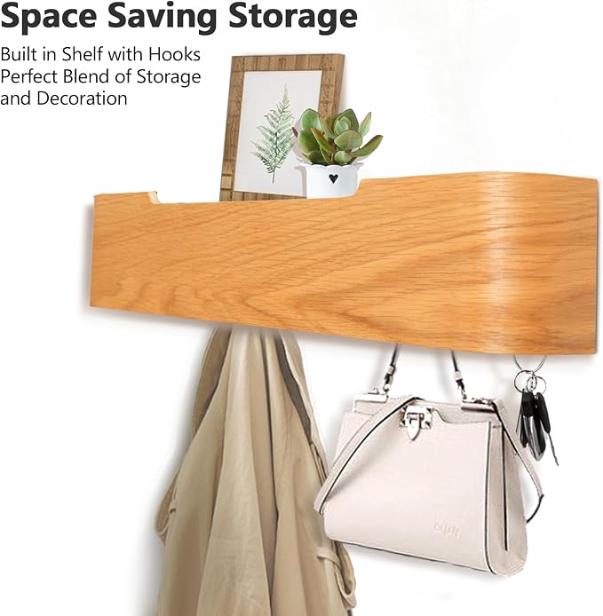 Coat Rack Wall Mount with Hidden Hooks Modern Key Holder Wood Entryway Hook with Shelf for Bedroom Kitchen Hallway Bathroom Designed for Hanging Coats Hats Bags Towels Dog Leashe(Oak,5 Hooks) - Image 2