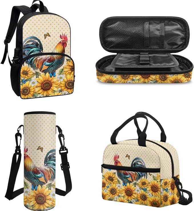 4 Pcs Sunflower Chicken Print Kids Backpack Girls Flower Butterfly Rooster Schoolbag with Insulated Lunchbag Crossbody Water Holder Case Pencil Box,Preschool Students Bookbag Set for School - Image 2