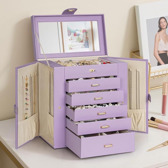 AKOZLIN 6-Tier Jewelry Box Organizer Functional 5 Drawers Leather Jewelry Storage Case for Women Girls Ring Necklace Earring Bracelet Holder Organizer with Mirror Extra Large Violet - Image 7