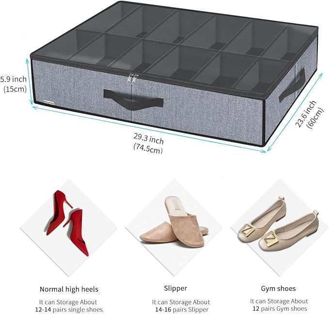 Onlyeasy Large Under Bed Shoe Organizer (6 to 12 Pairs x 2) - Underbed Shoes Closet Storage Solution with Metal Zipper and 2 Handles, Breathable, 29.3"x23.6"x5.9", Linen-like Grey, MXDUBSB2P - Image 2