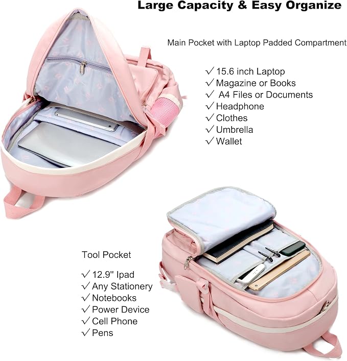 LXYGD Laptop Backpacks 16 Inch School Bag College Backpack 3 PCS with Lunch Box Pencil Pouch Set Large Travel Daypack Kawaii Bookbags for Teens Girls Women Students (Pink) - Image 2