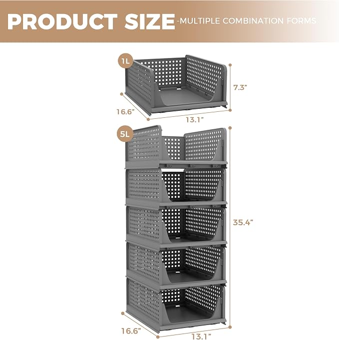 Pinkpum 5 Pack Folding Closet Organizers - Stackable Plastic Drawer Basket for Clothing, Shelf Storage Container for Closet, Wardrobe, Bedroom, Bathroom, Office (Black) - Image 3