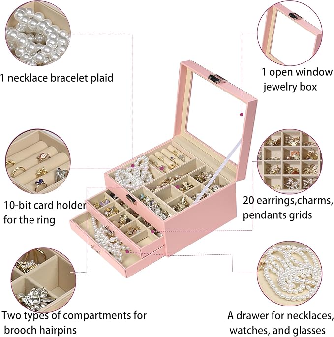 BOOVO Clear Lid Jewelry Box,3 Layers Jewelry Organizer Large Jewelry Storage Box with 2 Drawers,Jewelry Holder Organzier of Rings Earrings Necklace Bracelets for Women (Pink, 3 Layer) - Image 3