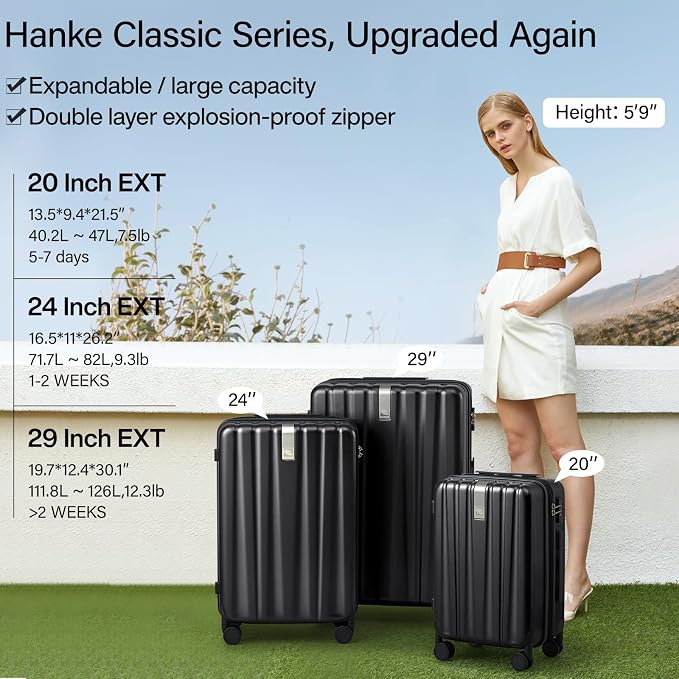 Hanke Expandable Hard Shell Luggage Sets 2 piece Carry on Luggage with Wheels Suitcases Lightweight Checked Travel Luggage Rolling Large Suitcase Travel Luggage Bag Woman Men 20/29 Inch(Jet Black) - Image 2