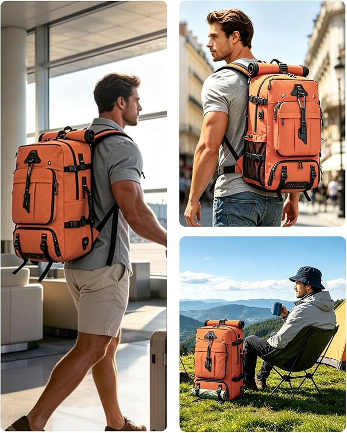 Travel backpack for men,40L Large Carry on Backpack Durable Convertible Duffle Bag with Shoe Compartment Fit for 16 Inch Laptop for travel, camping,Weekender Hiking Orange - Image 7