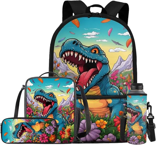 Dinosaur Backpack for Kids 5-7 Girls Backpack with Lunch Box Water Bottle Holder with Strap and Cute Pencil Case 4PCS Set Bookbag with Front Pocket for School 17 inch Large School Bag for Boys by ELEDIZI