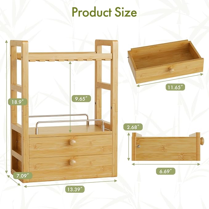 AmazerBath Bamboo Bathroom Countertop Organizer, 2-Tier Makeup Organizer with 2 Drawers, Vanity Organizer Storage Coffee Matcha Station, Compact Shelf for Bathroom Kitchen Office - Image 3