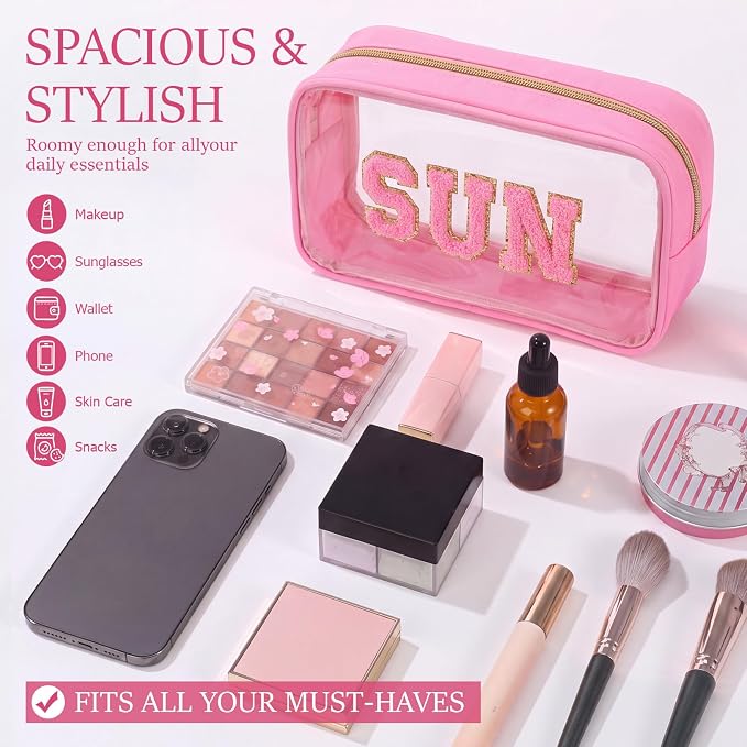 Kacctyen 10 Pcs Sun Clear Makeup Bags with Zipper in 5 Assorted Colors, Chenille Letter Sunscreen Bags Bulk, Clear Waterproof Cosmetic Bag for Women Beach Pool Trip & Summer Birthday Party Favors - Image 3