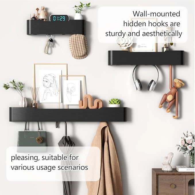 Coat Rack Wall Mount with Shelf 4 Hidden Hooks Modern Wooden Key Holder Entryway Organizer for Hallway Bedroom Bathroom Home Decor Storage for Hanging Coats Hats Bags Towels, Black - Image 7