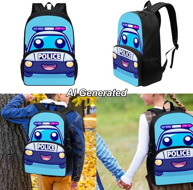Police Car Kids Backpack for Boys Elementary Kindergarten Preschool School Bag Girls Bookbag with Lunch Box and Pencil Bag Set 3-in-1, Blue - Image 2