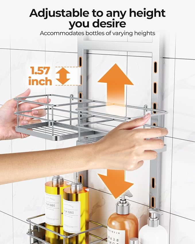 ODesign 2 Tier Shower Caddy for Handheld Shower Heads Anti-Swing Silver | No drilling required,comes with removable hook and storage box,suitable for handheld and wall-mounted showerheads - Image 7
