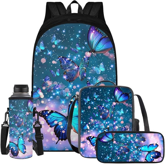 Butterfly Backpack for Girls Kids Backpack with Lunch Box Water Bottle Carrier with Strap and Aesthetic Pencil Case 4PCS Set Bookbag with Compartments for School Teens 17 inch Large School Bag by ELEDIZI