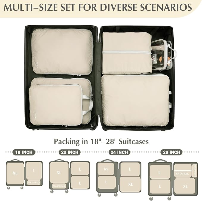 Gonex Compression Packing Cubes, 6pcs Expandable Storage Travel Luggage Bags Organizers with Shoe Bag, Clear Toiletry Bag (Cream) - Image 6