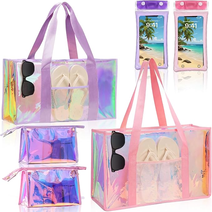 Iridescent Waterproof Beach Tote Bag for Women Large Jelly Tote Bag for Summer Travel Vacation Swim Pool by Cyrelwing