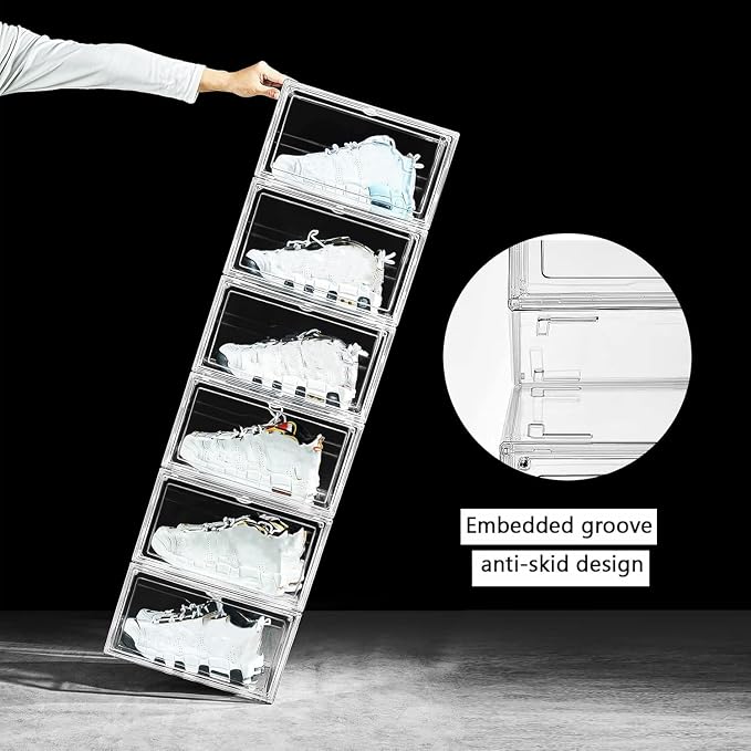 12 Pack Shoe Boxes, Clear Acrylic Stackable Plastic Sneaker Box Container, Magnetic Drop & Side Open Shoe Organizer Case Container With Lids Fits Up to Size 14 (Crystal Clear) - Image 3